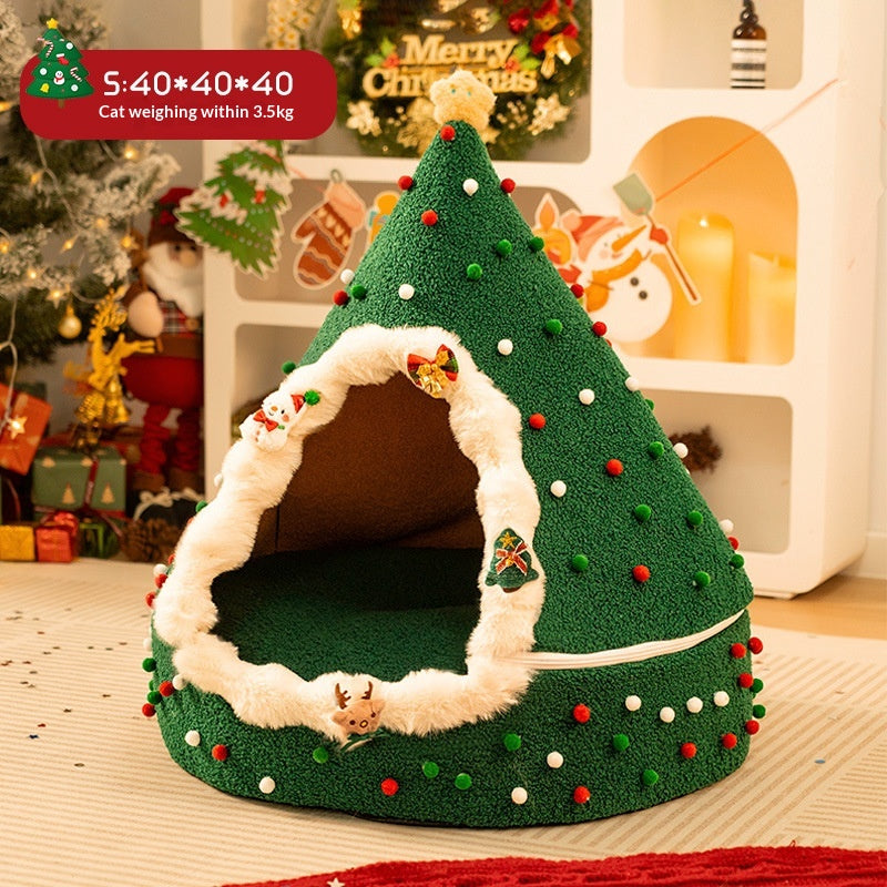 KFX-9066301 Cozy Christmas Tree Cat Nest in Soft PP Cotton - Available in S, M, L Sizes