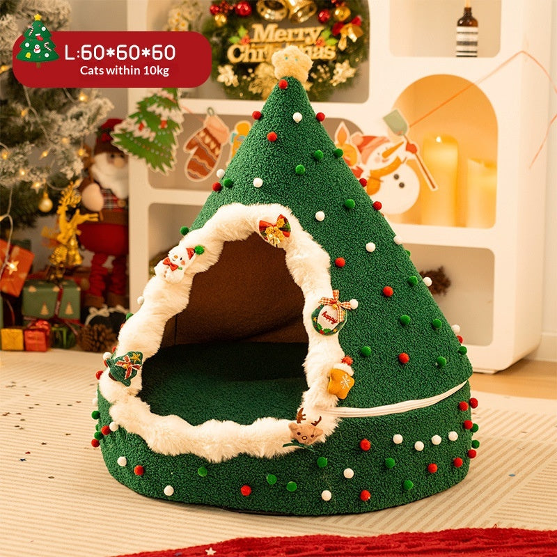 KFX-9066301 Cozy Christmas Tree Cat Nest in Soft PP Cotton - Available in S, M, L Sizes