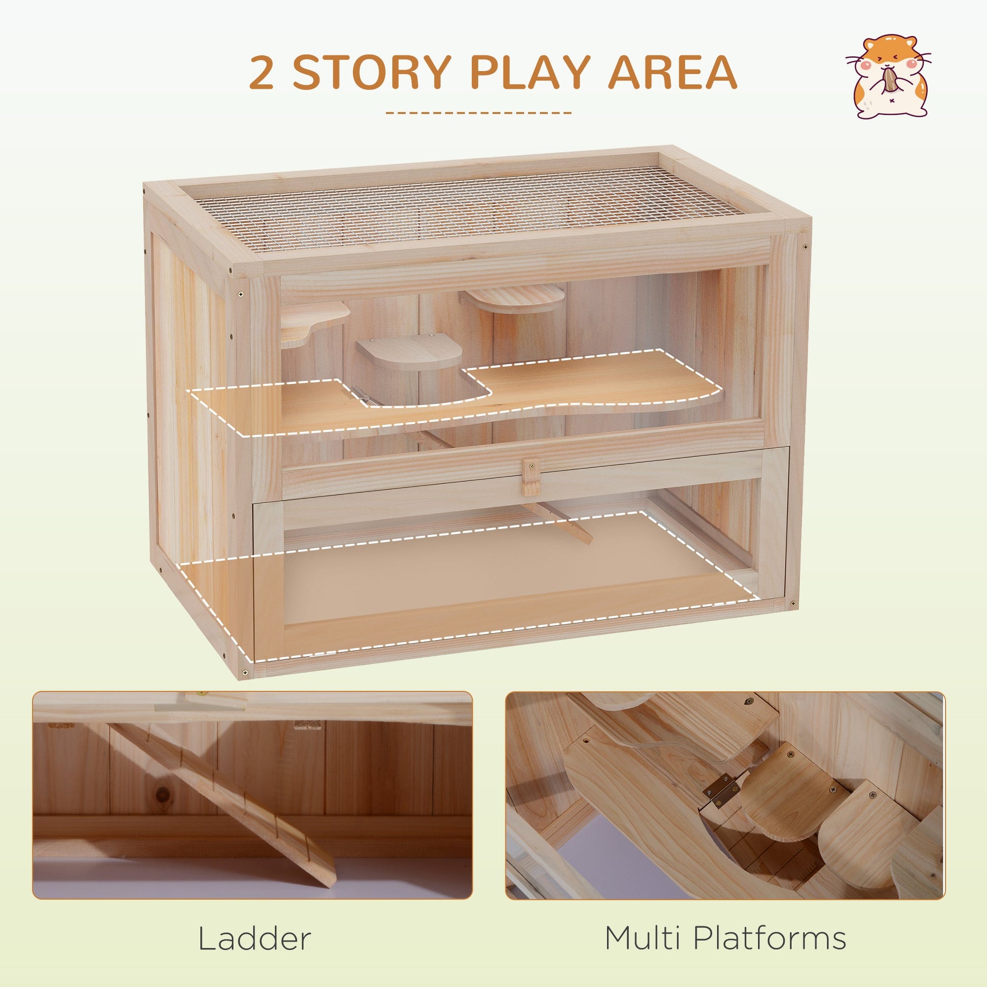 KFX-9069885 2-Tier Hamster Habitat with Openable Top, Front Door, Shelf, and Ladder - Stable Fir Wood Frame in Natural Finish