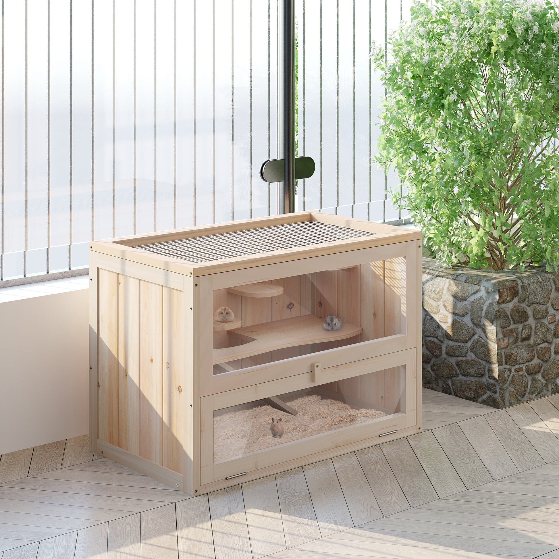KFX-9069885 2-Tier Hamster Habitat with Openable Top, Front Door, Shelf, and Ladder - Stable Fir Wood Frame in Natural Finish