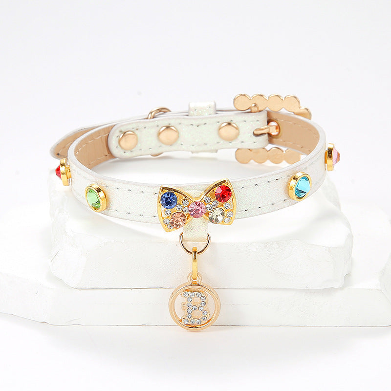 KFX-9074237 Elegant White Cat Collar with Diamond Alloy Bow – Sizes XS to L