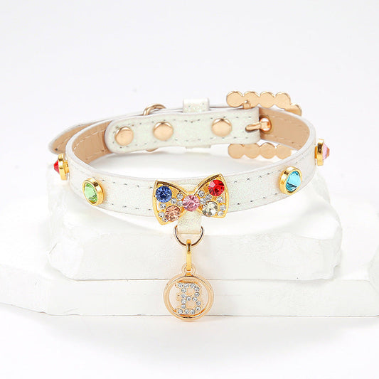 KFX-9074237 Elegant White Cat Collar with Diamond Alloy Bow – Sizes XS to L