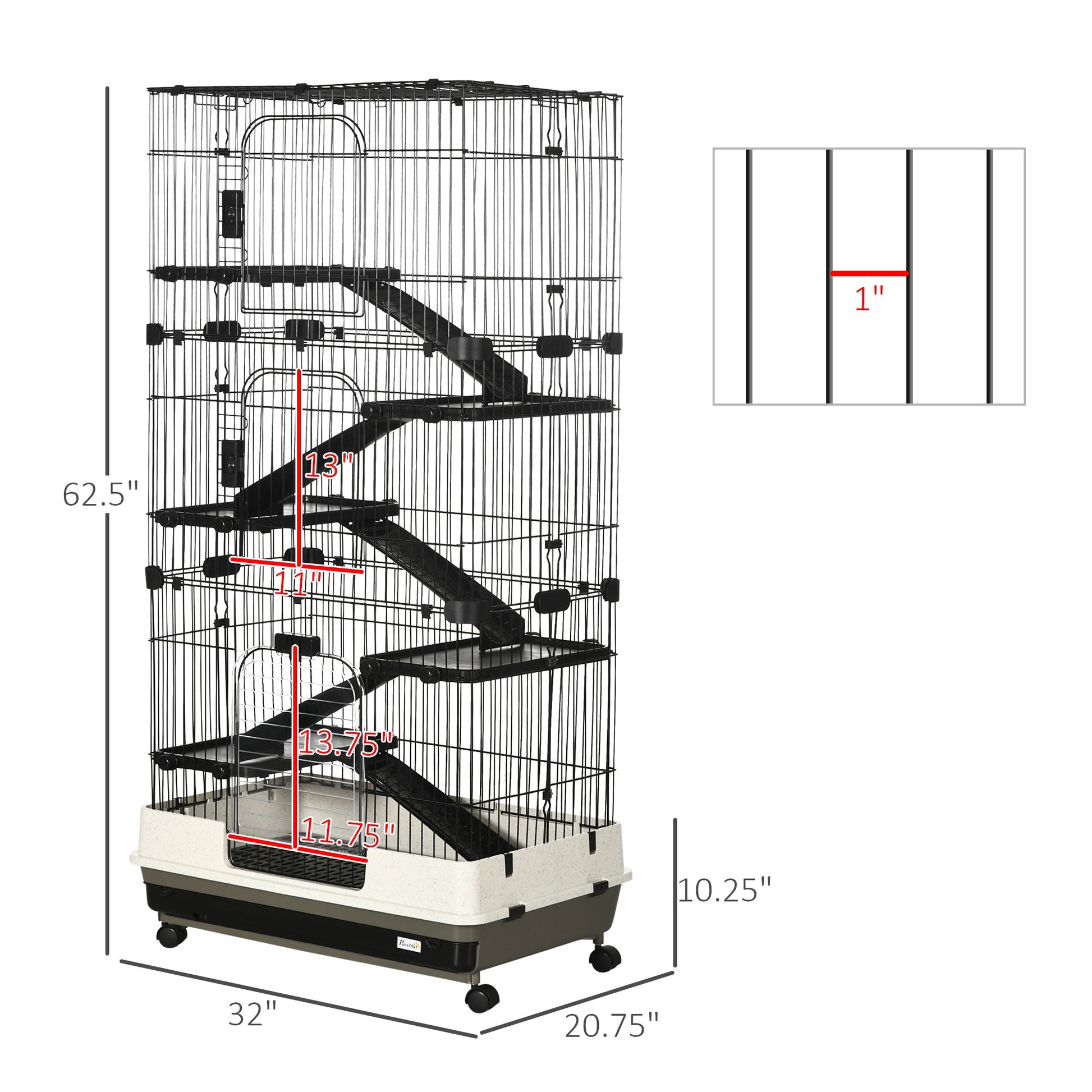 KFX-9075645 6-Level Small Animal Cage with Wheels and Slide-out Tray for Rabbits, Chinchillas, and Ferrets - 32L, Black