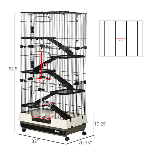KFX-9075645 6-Level Small Animal Cage with Wheels and Slide-out Tray for Rabbits, Chinchillas, and Ferrets - 32L, Black