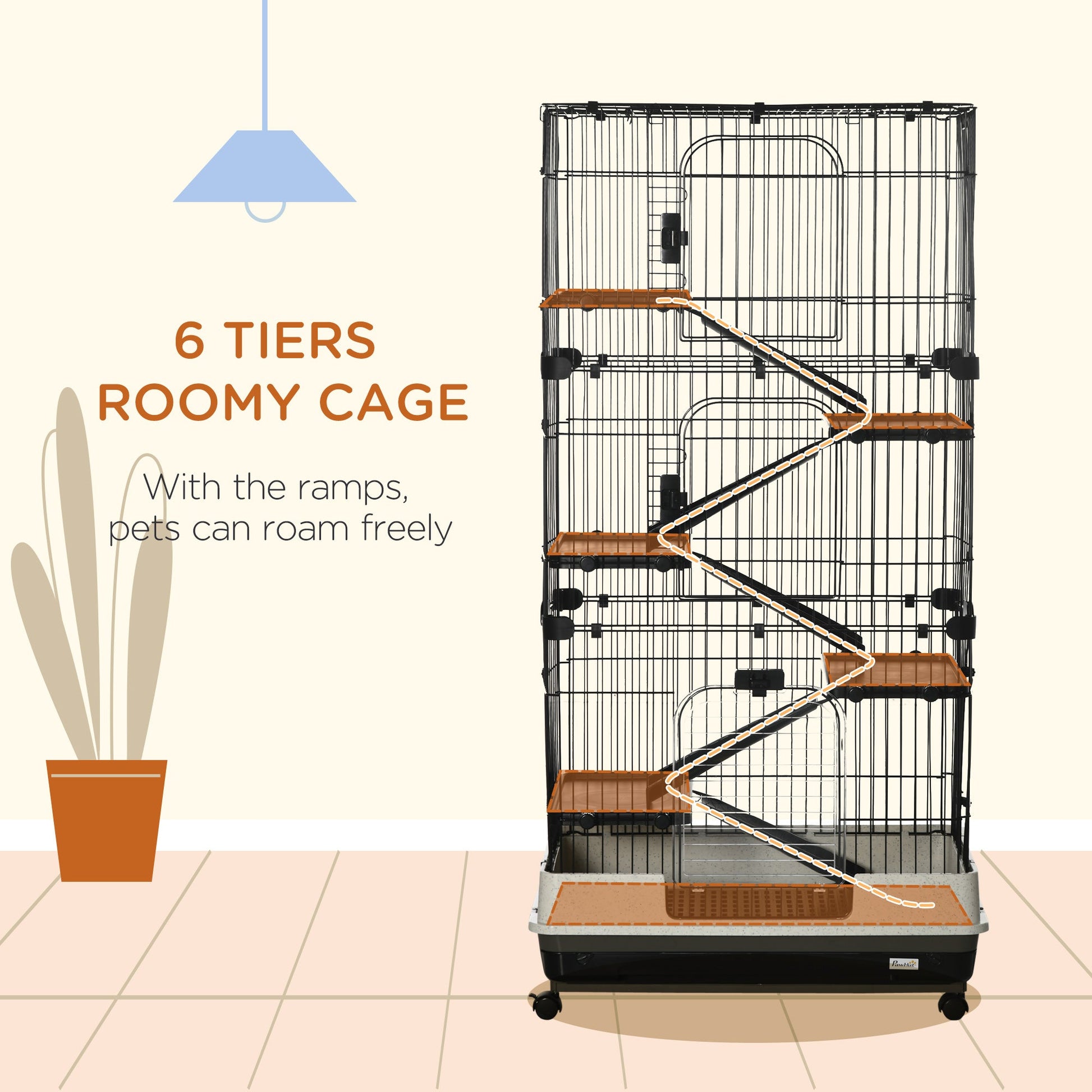 KFX-9075645 6-Level Small Animal Cage with Wheels and Slide-out Tray for Rabbits, Chinchillas, and Ferrets - 32L, Black