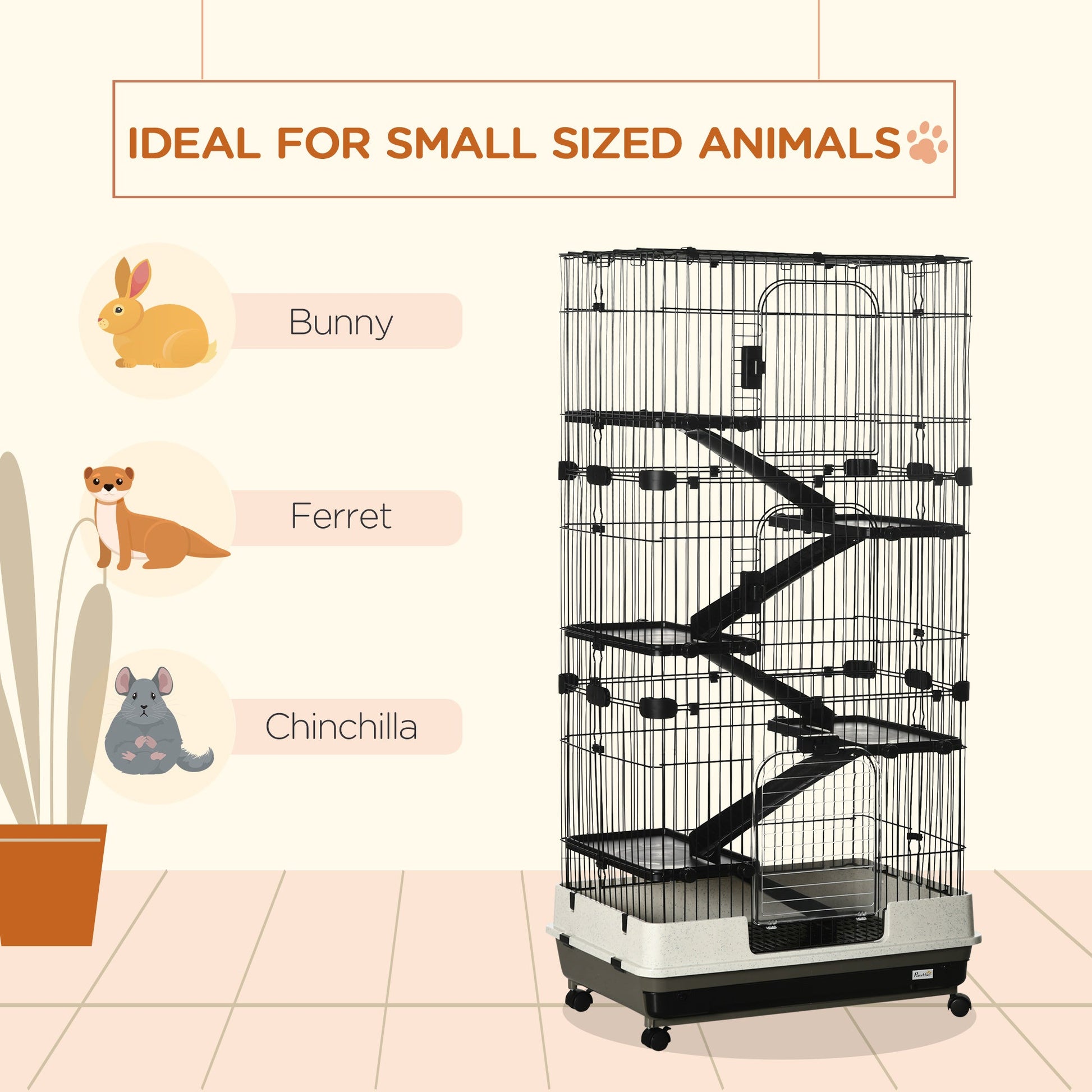 KFX-9075645 6-Level Small Animal Cage with Wheels and Slide-out Tray for Rabbits, Chinchillas, and Ferrets - 32L, Black