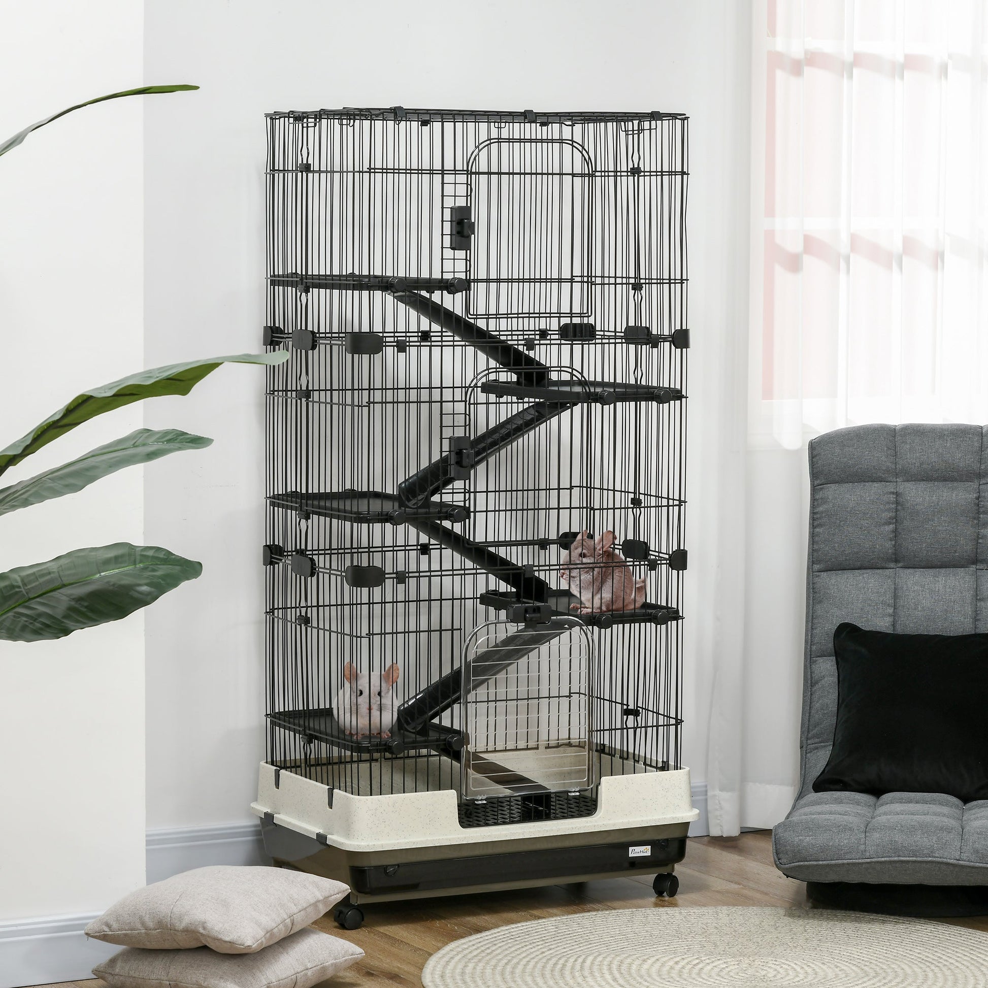 KFX-9075645 6-Level Small Animal Cage with Wheels and Slide-out Tray for Rabbits, Chinchillas, and Ferrets - 32L, Black