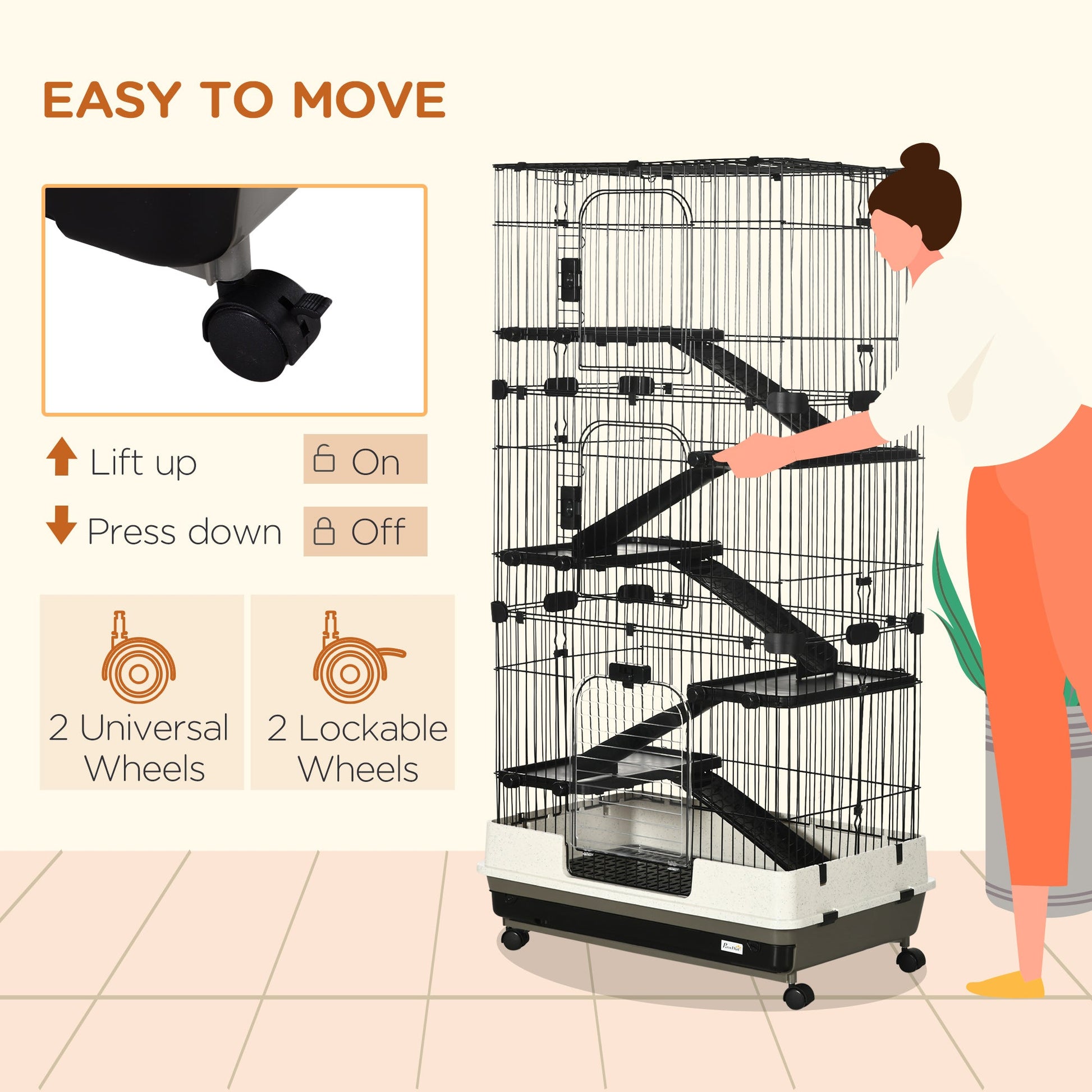 KFX-9075645 6-Level Small Animal Cage with Wheels and Slide-out Tray for Rabbits, Chinchillas, and Ferrets - 32L, Black