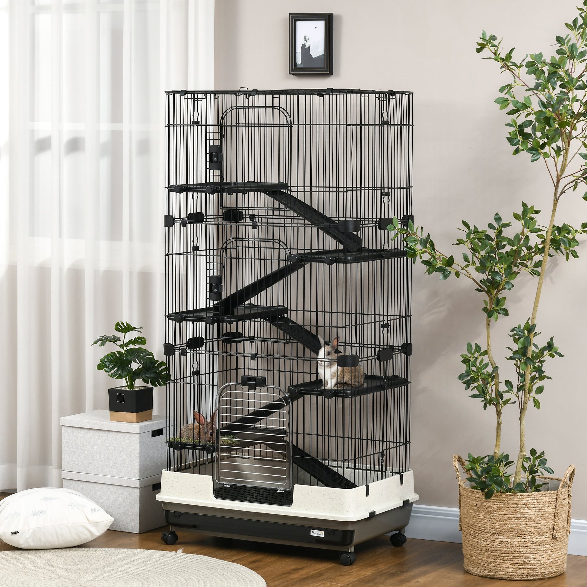 KFX-9075645 6-Level Small Animal Cage with Wheels and Slide-out Tray for Rabbits, Chinchillas, and Ferrets - 32L, Black