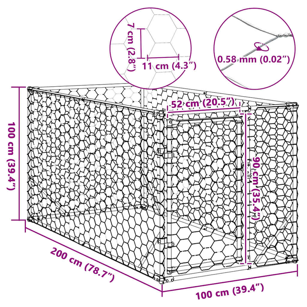 KFX-9076029 Galvanized Outdoor Dog Kennel with Door - 2x1x1 m, 7x11 cm Mesh Size