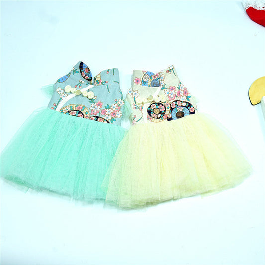 KFX-9080125 Retro Chinese Style Dog Dress in Gilding Cotton - Green Oil Umbrella & Beige Oil Umbrella Options