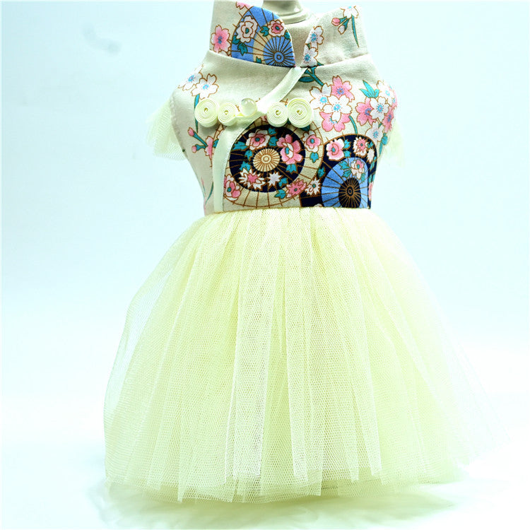 KFX-9080125 Retro Chinese Style Dog Dress in Gilding Cotton - Green Oil Umbrella & Beige Oil Umbrella Options