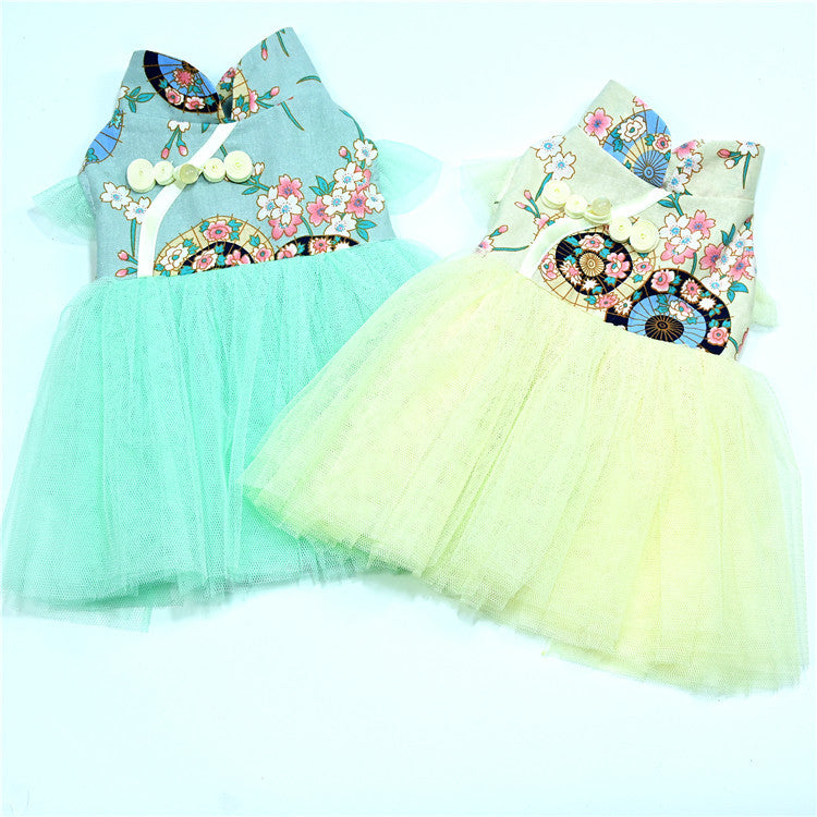 KFX-9080125 Retro Chinese Style Dog Dress in Gilding Cotton - Green Oil Umbrella & Beige Oil Umbrella Options