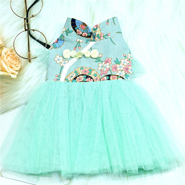 KFX-9080125 Retro Chinese Style Dog Dress in Gilding Cotton - Green Oil Umbrella & Beige Oil Umbrella Options