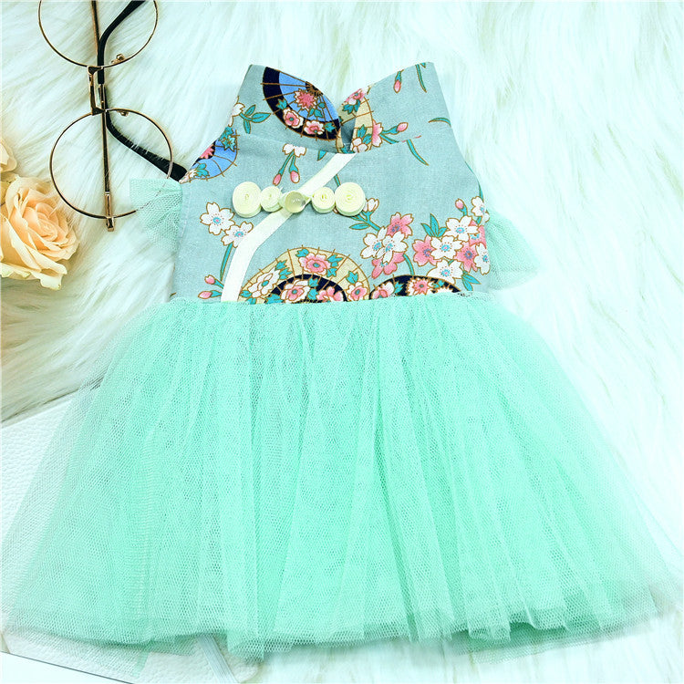 KFX-9080125 Retro Chinese Style Dog Dress in Gilding Cotton - Green Oil Umbrella & Beige Oil Umbrella Options