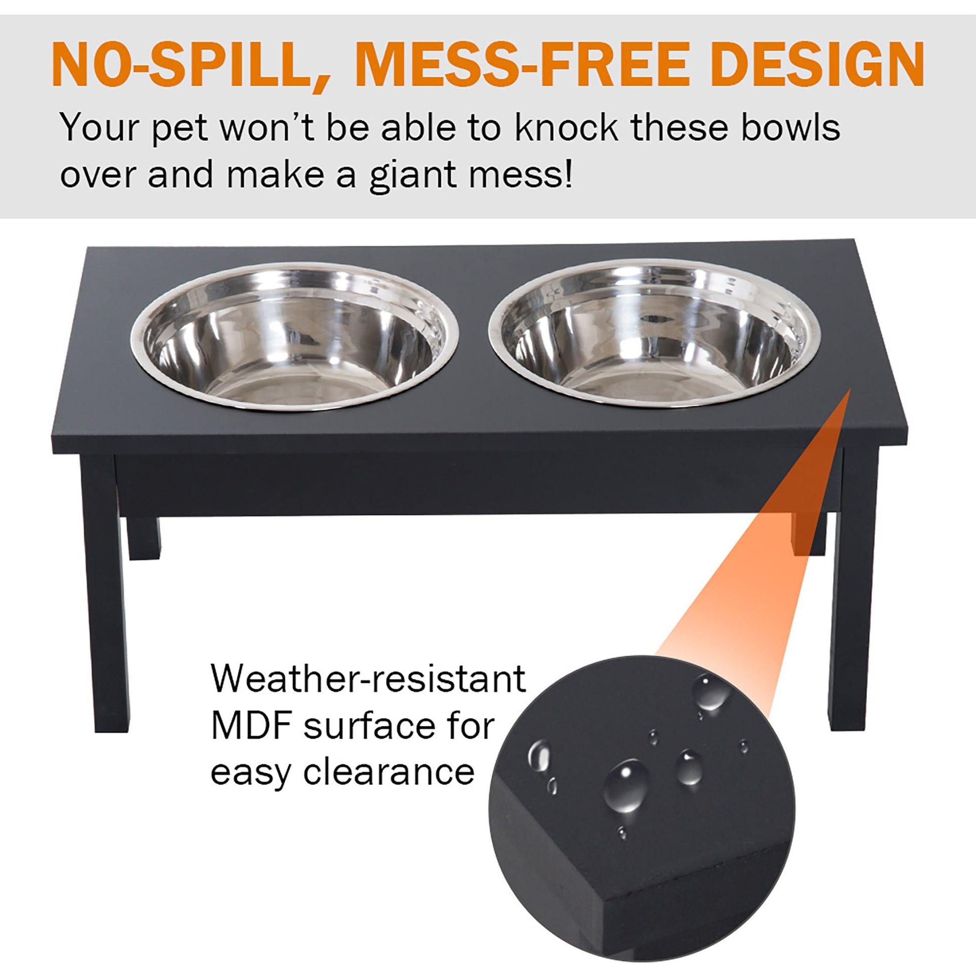 KFX-9089469 Elevated Pet Feeding Station with Two Stainless Steel Bowls - Black 23" Wooden Design