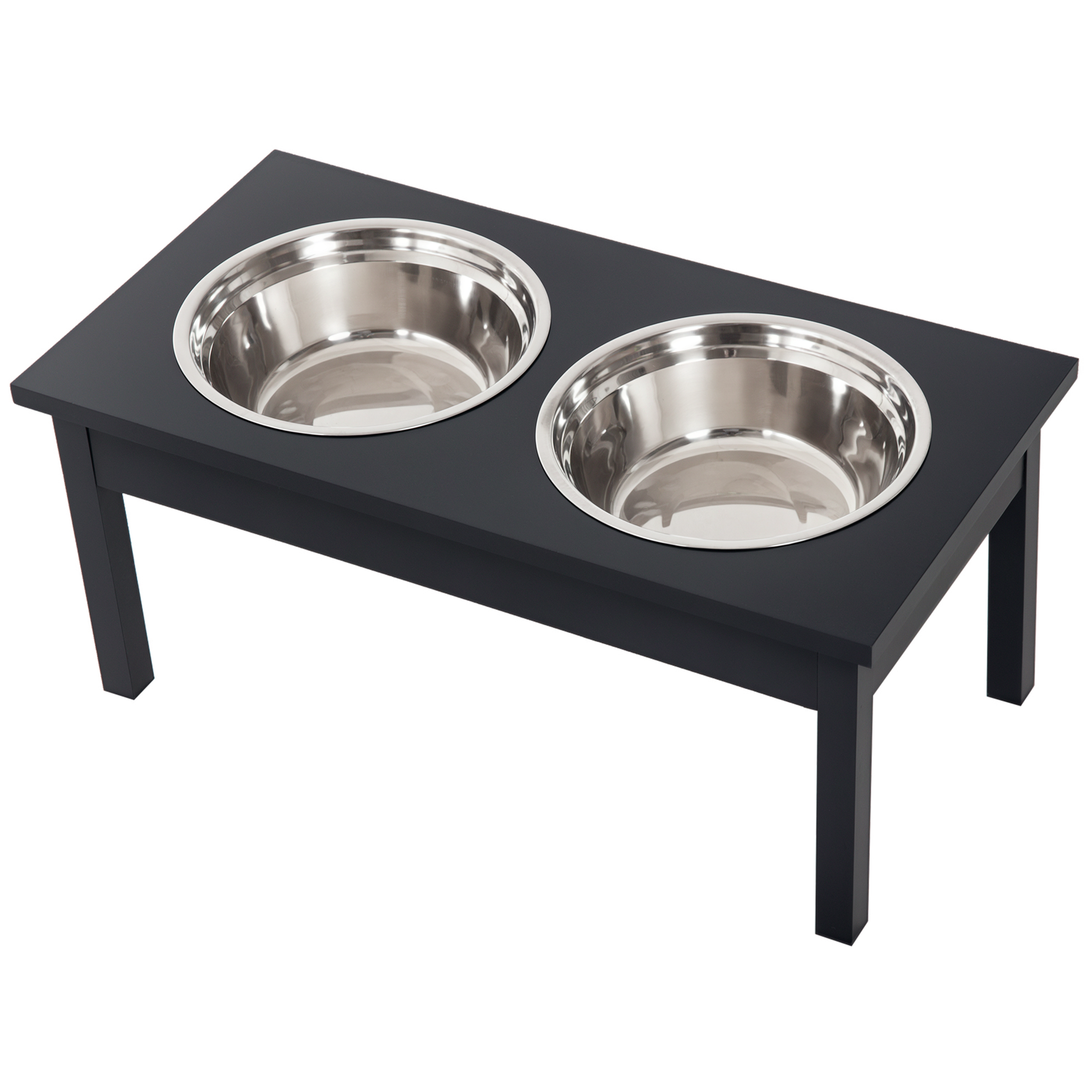KFX-9089469 Elevated Pet Feeding Station with Two Stainless Steel Bowls - Black 23" Wooden Design