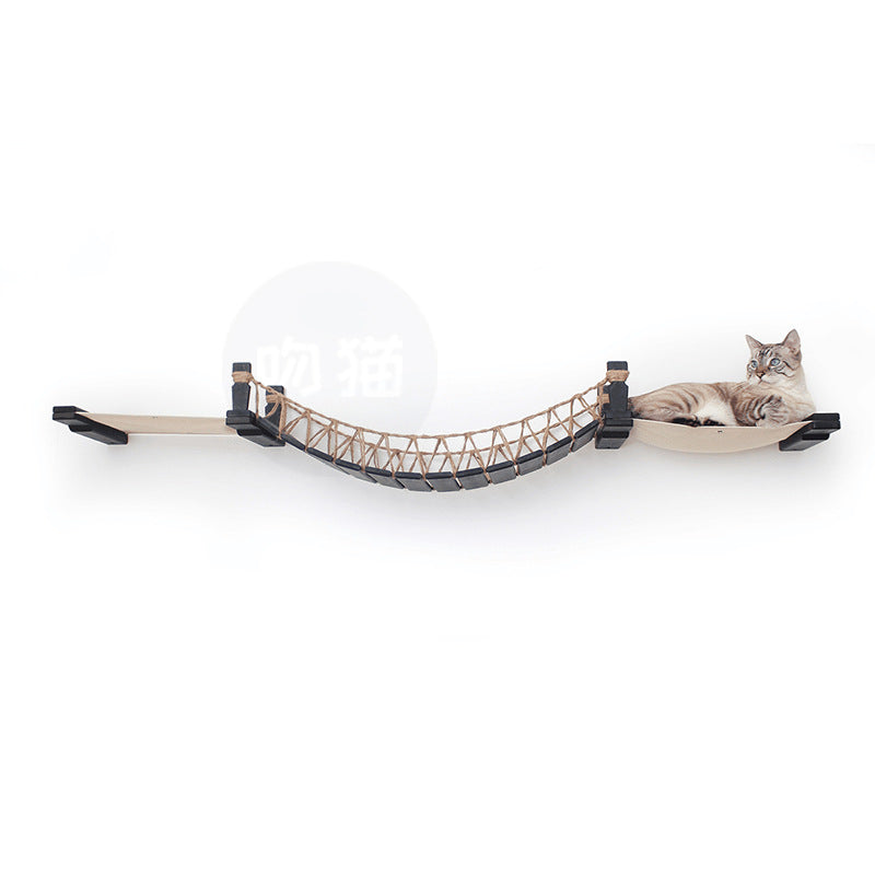 KFX-9097405 Cat Suspension Bridge Rope Ladder - Solid Wood Cat Climbing Frame with Soft Hemp Rope for Wall Mounting