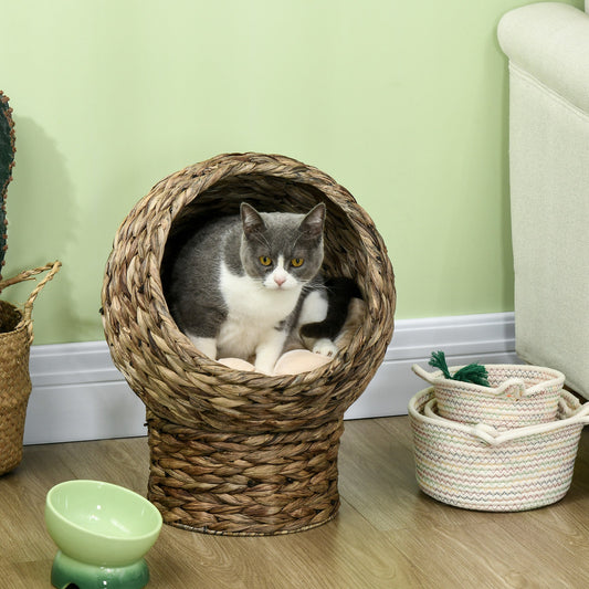 KFX-9097661 Elevated Cat Bed with Soft Cushion, Stylish Wicker Basket Design for Indoor Cats - 20" H, Gray