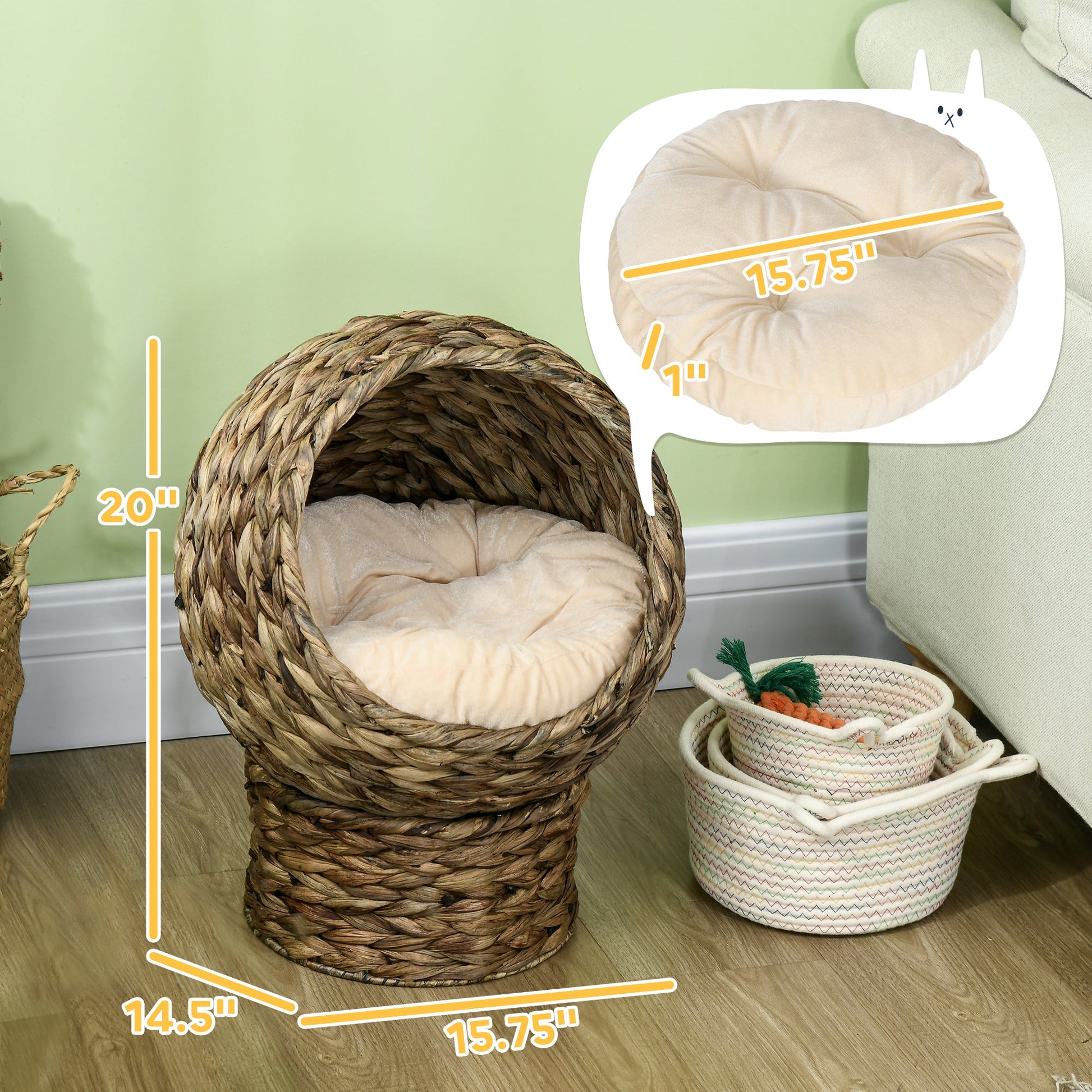 KFX-9097661 Elevated Cat Bed with Soft Cushion, Stylish Wicker Basket Design for Indoor Cats - 20" H, Gray