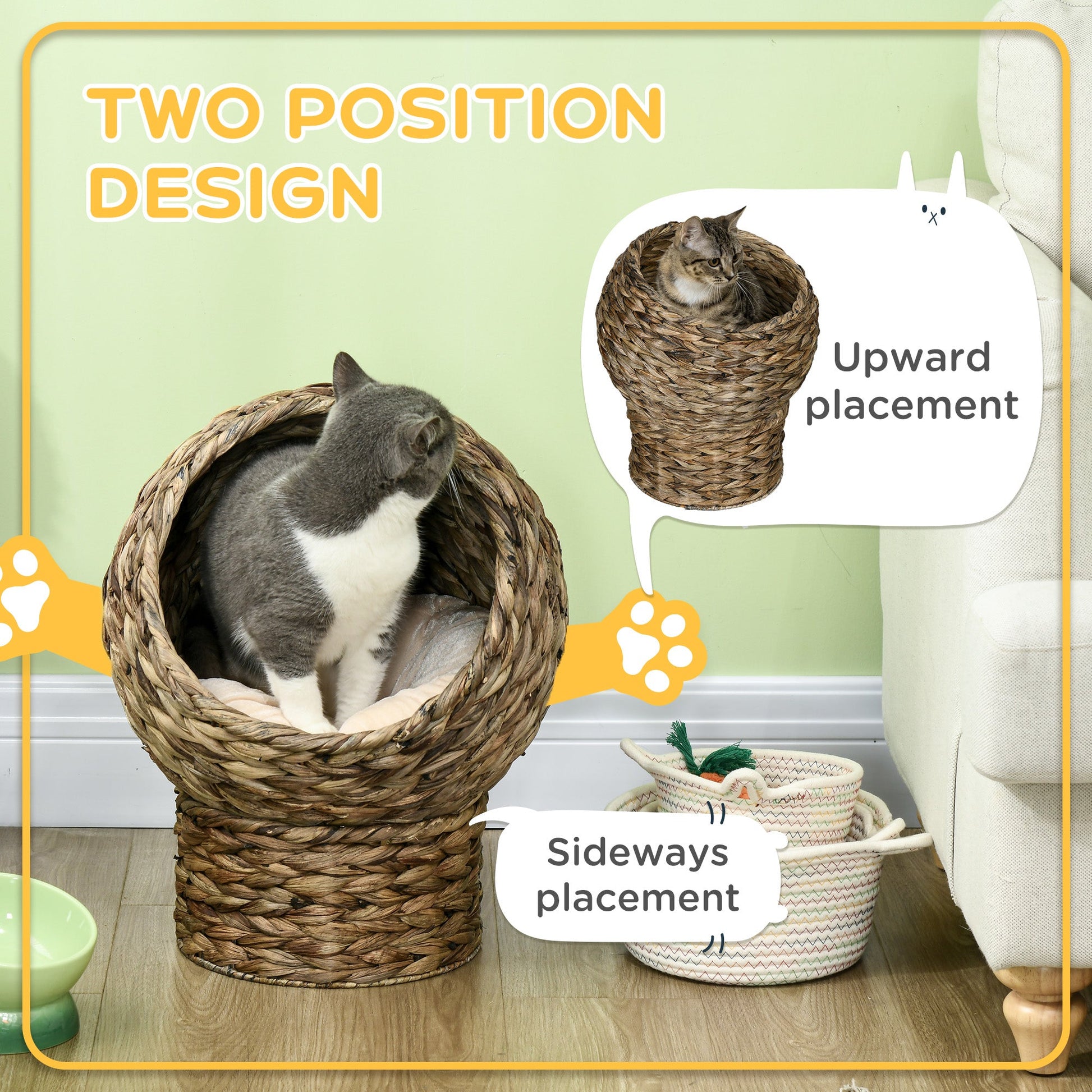 KFX-9097661 Elevated Cat Bed with Soft Cushion, Stylish Wicker Basket Design for Indoor Cats - 20" H, Gray