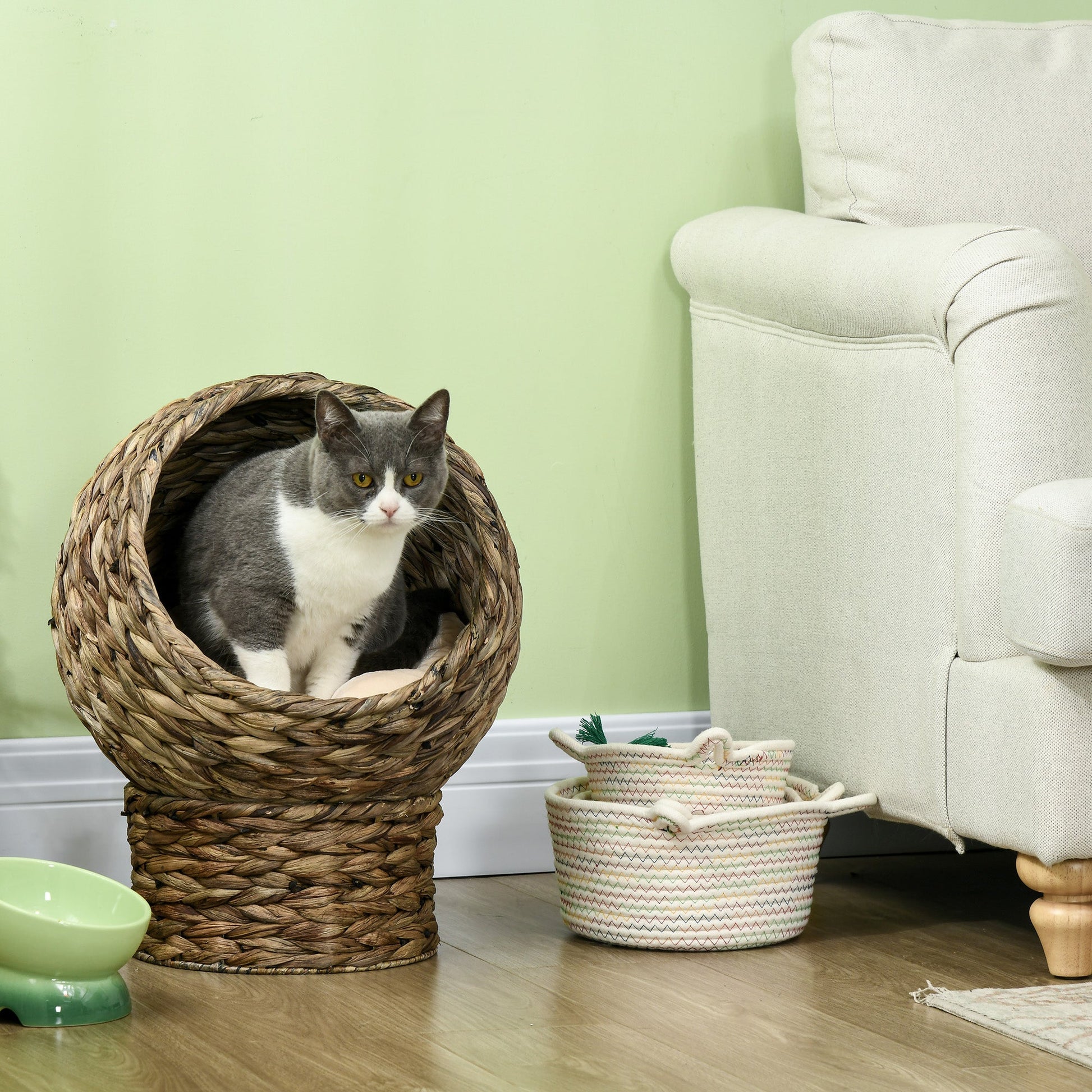 KFX-9097661 Elevated Cat Bed with Soft Cushion, Stylish Wicker Basket Design for Indoor Cats - 20" H, Gray