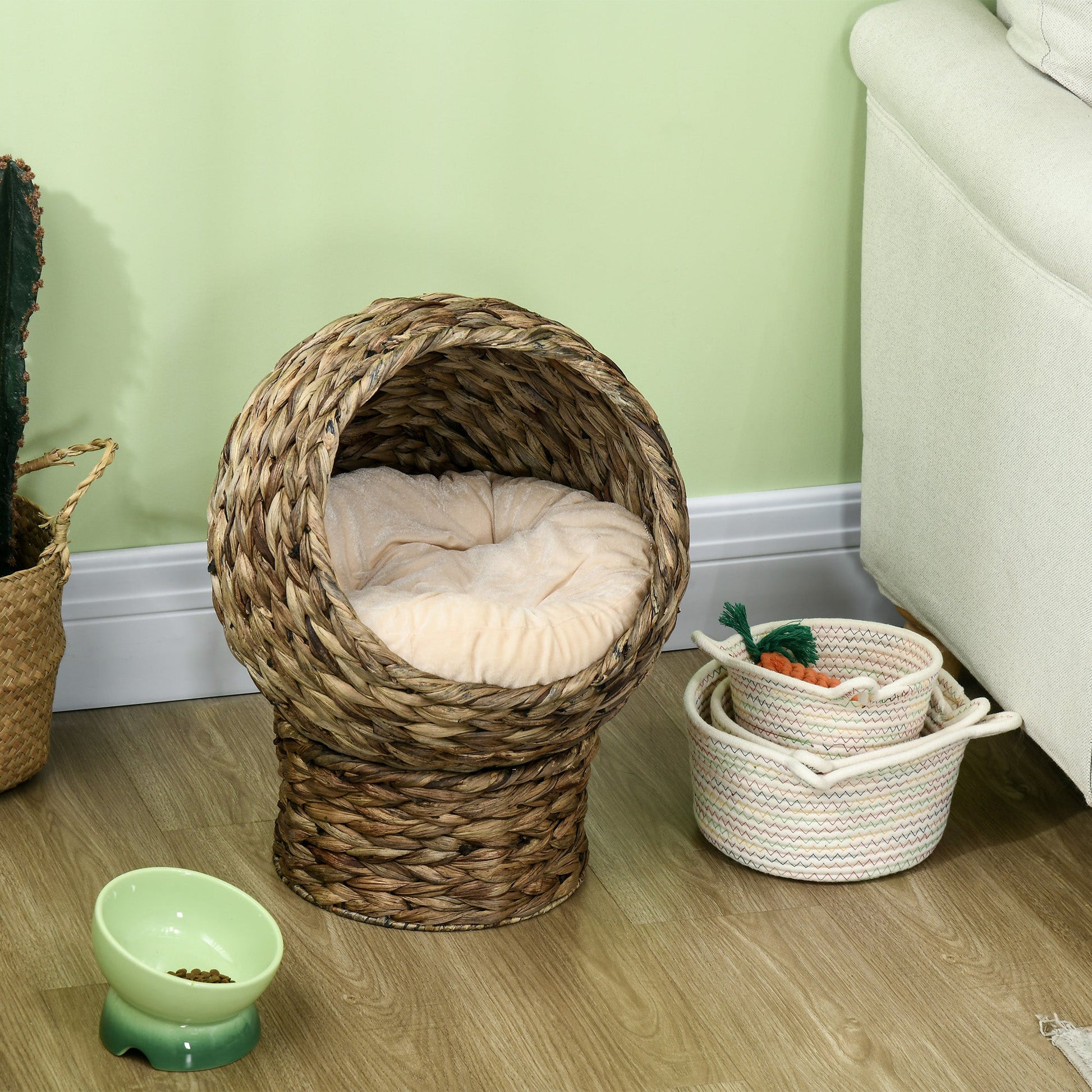 KFX-9097661 Elevated Cat Bed with Soft Cushion, Stylish Wicker Basket Design for Indoor Cats - 20" H, Gray