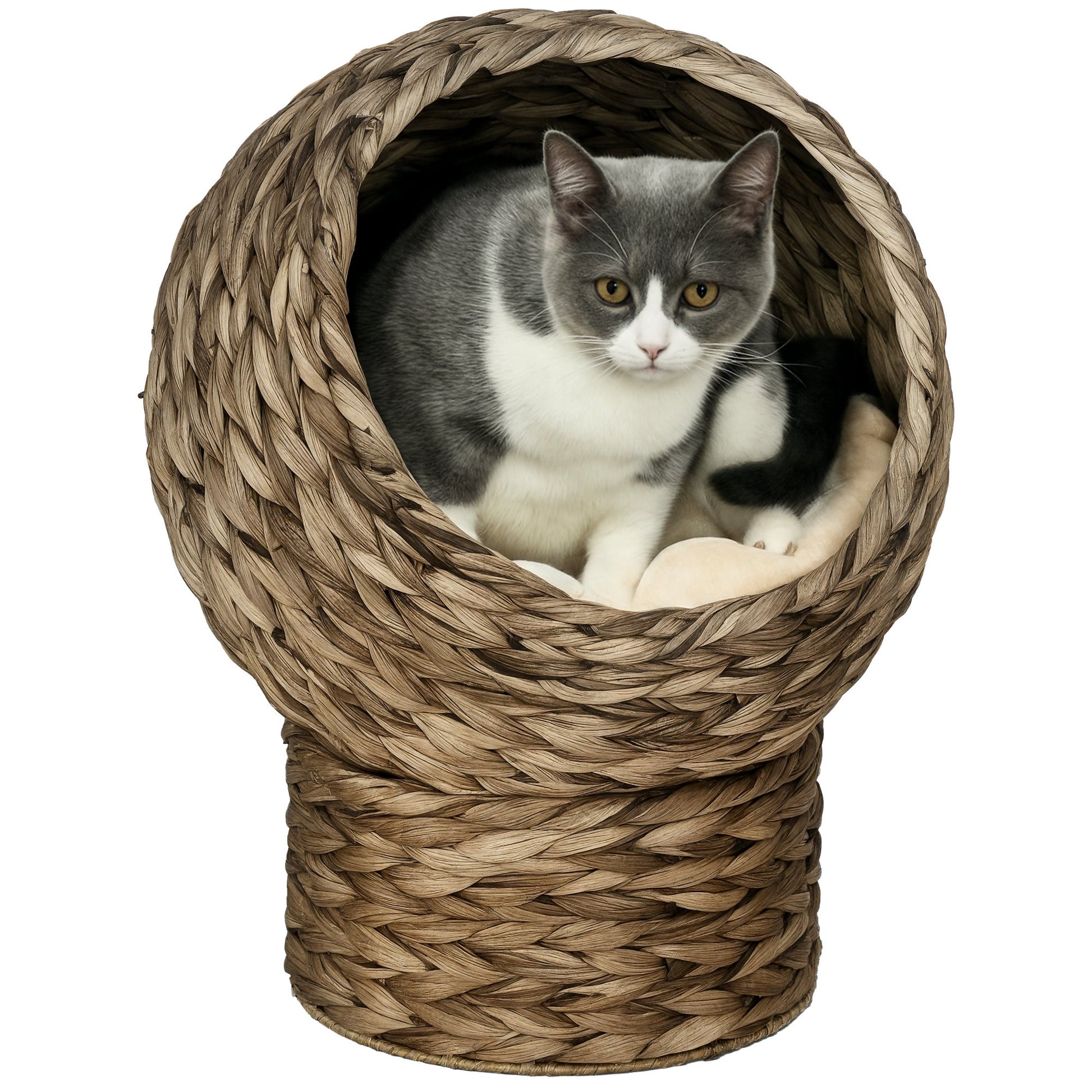 KFX-9097661 Elevated Cat Bed with Soft Cushion, Stylish Wicker Basket Design for Indoor Cats - 20" H, Gray