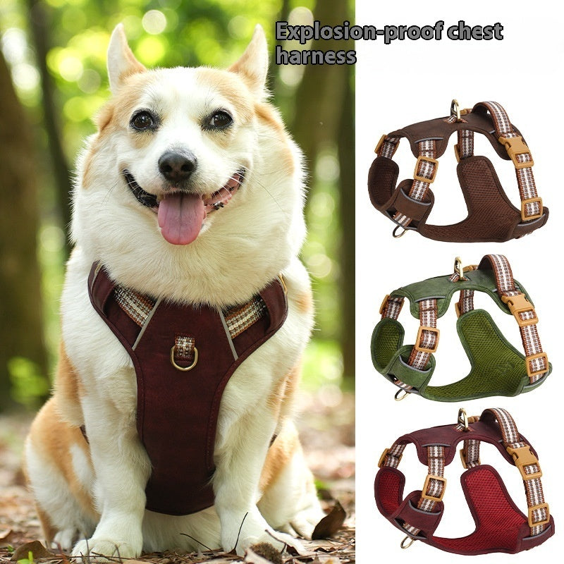 KFX-9101629 Reflective Retro Leather Pet Harness - Explosion-Proof Design in Brown, Green, and Red