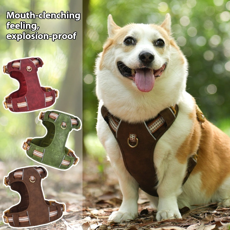 KFX-9101629 Reflective Retro Leather Pet Harness - Explosion-Proof Design in Brown, Green, and Red