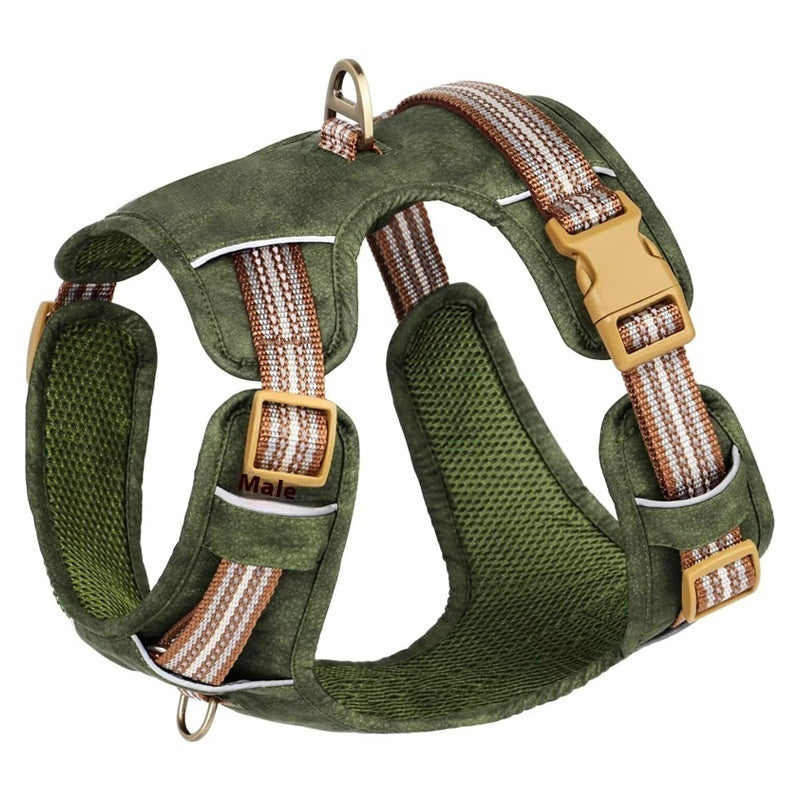KFX-9101629 Reflective Retro Leather Pet Harness - Explosion-Proof Design in Brown, Green, and Red
