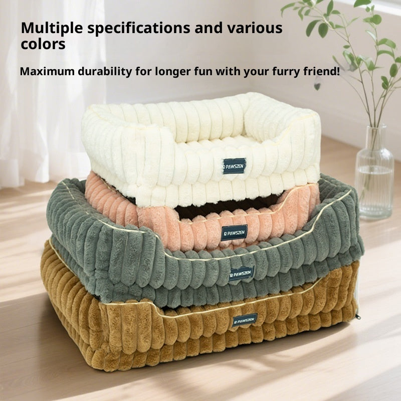 KFX-9103037 Large Square Striped Rabbit Fur Dog Bed with Removable Angora Cover in Multiple Colors