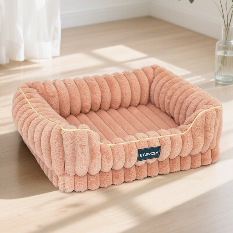 KFX-9103037 Large Square Striped Rabbit Fur Dog Bed with Removable Angora Cover in Multiple Colors