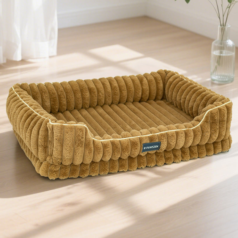 KFX-9103037 Large Square Striped Rabbit Fur Dog Bed with Removable Angora Cover in Multiple Colors