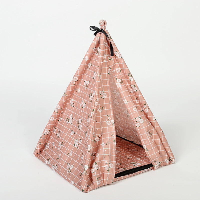 KFX-9103805 Portable Folding Doghouse in Grey, Dark Apricot, and Light Pink - Flower Cloth, 34x34x40cm