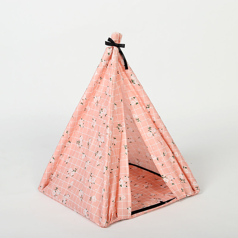 KFX-9103805 Portable Folding Doghouse in Grey, Dark Apricot, and Light Pink - Flower Cloth, 34x34x40cm