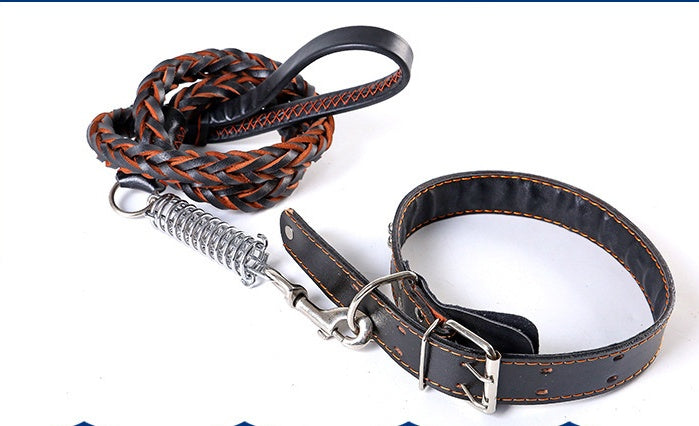 KFX-9104573 Leather Traction Rope Chain Collar with Adjustable Size and Explosion-proof Design