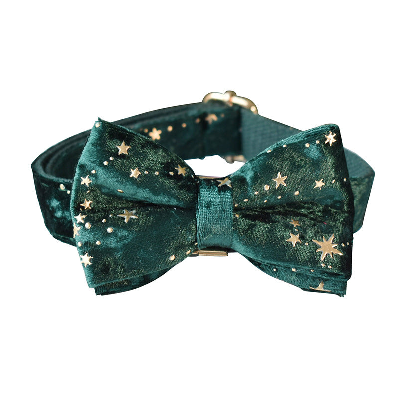KFX-9106749 Green Star Fleece Dog Collar with Bow Tie - All Season Casual Cotton Design for Dogs in Sizes S, M, L, XL
