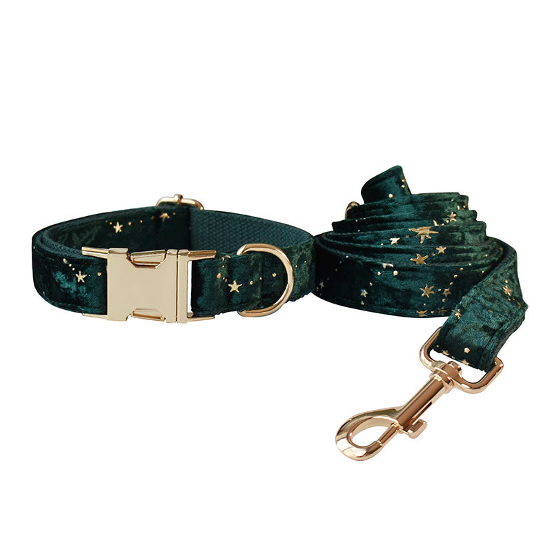 KFX-9106749 Green Star Fleece Dog Collar with Bow Tie - All Season Casual Cotton Design for Dogs in Sizes S, M, L, XL