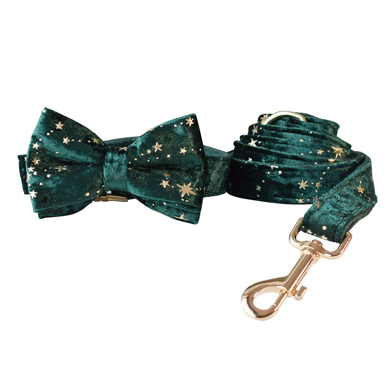 KFX-9106749 Green Star Fleece Dog Collar with Bow Tie - All Season Casual Cotton Design for Dogs in Sizes S, M, L, XL