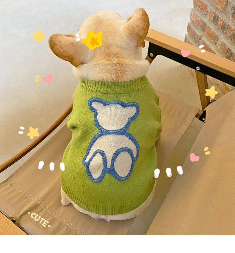 KFX-9107133 Cozy Blue Bear Dog Sweater for Pugs and Corgis - Autumn/Winter Wear