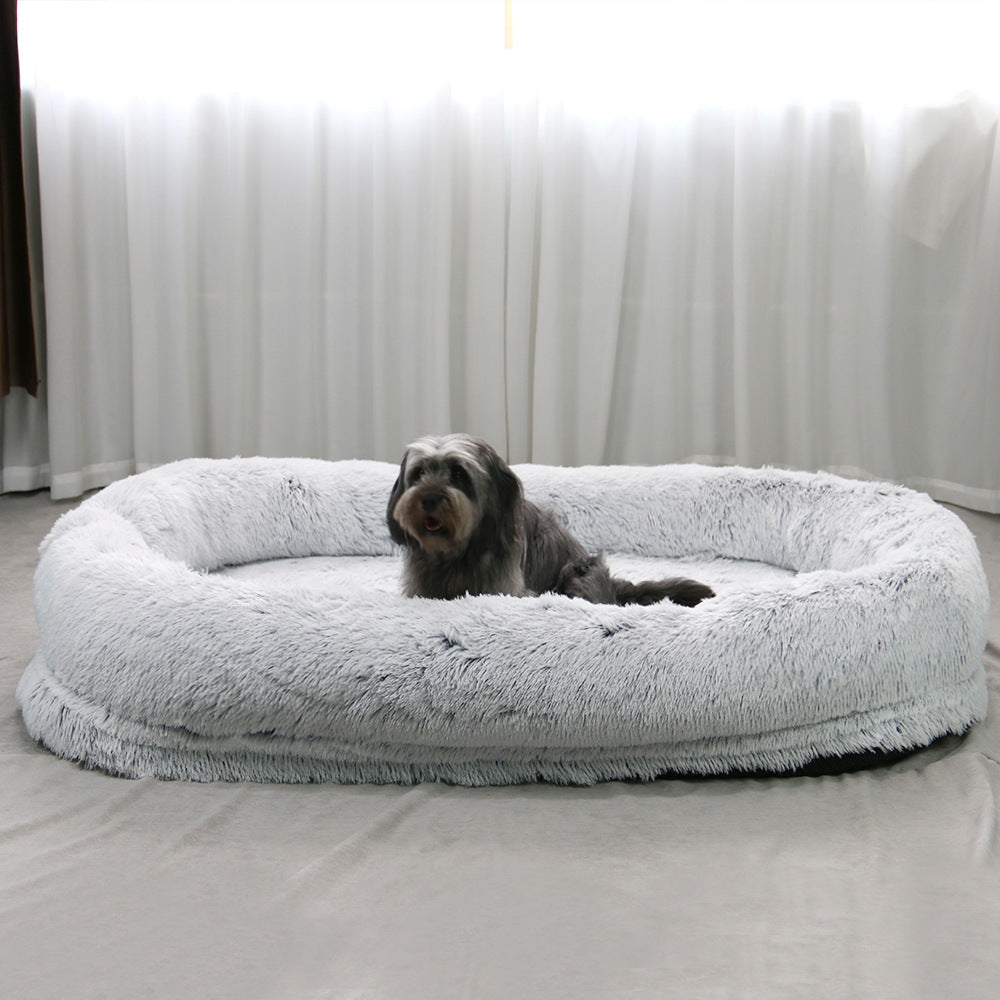 KFX-9108797 Plush Grey Round Dog Bed with Warm Sponge Filling - Cozy Pet Nest for Winter