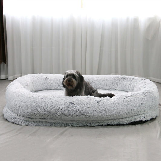 KFX-9108797 Plush Grey Round Dog Bed with Warm Sponge Filling - Cozy Pet Nest for Winter