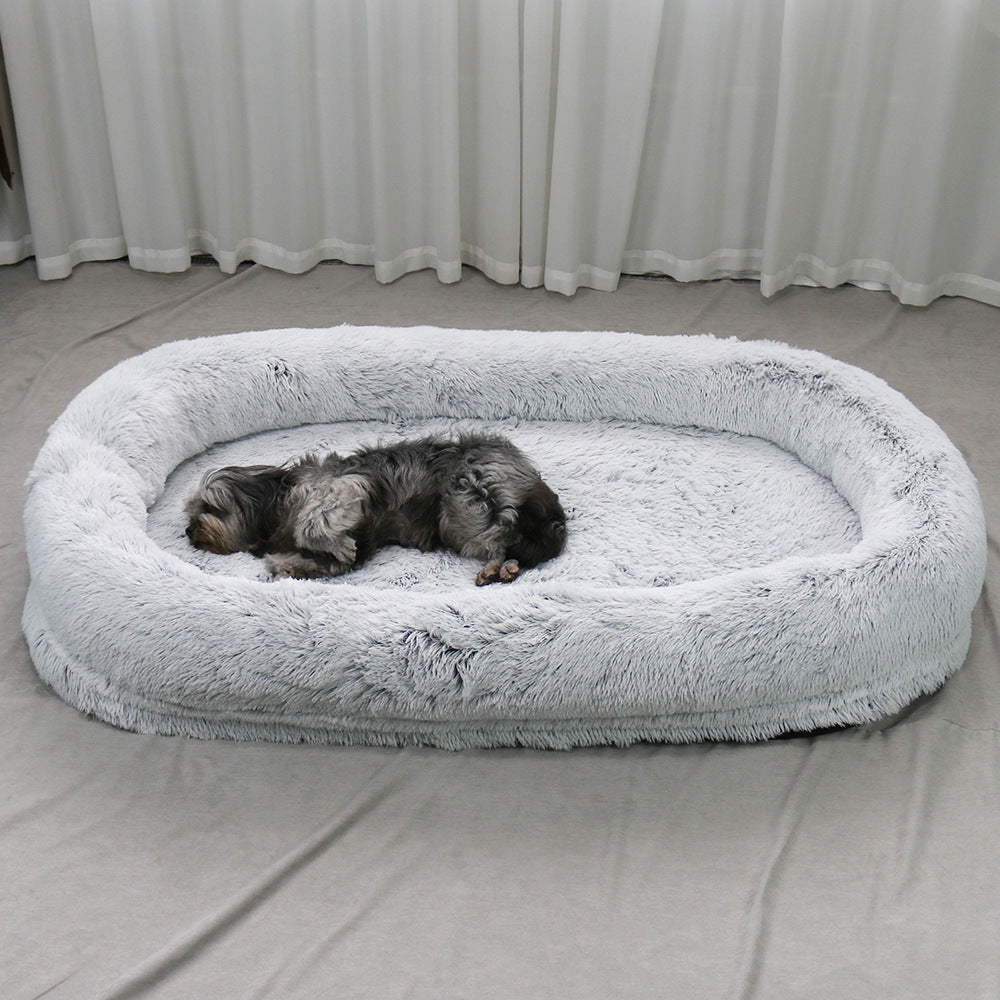 KFX-9108797 Plush Grey Round Dog Bed with Warm Sponge Filling - Cozy Pet Nest for Winter