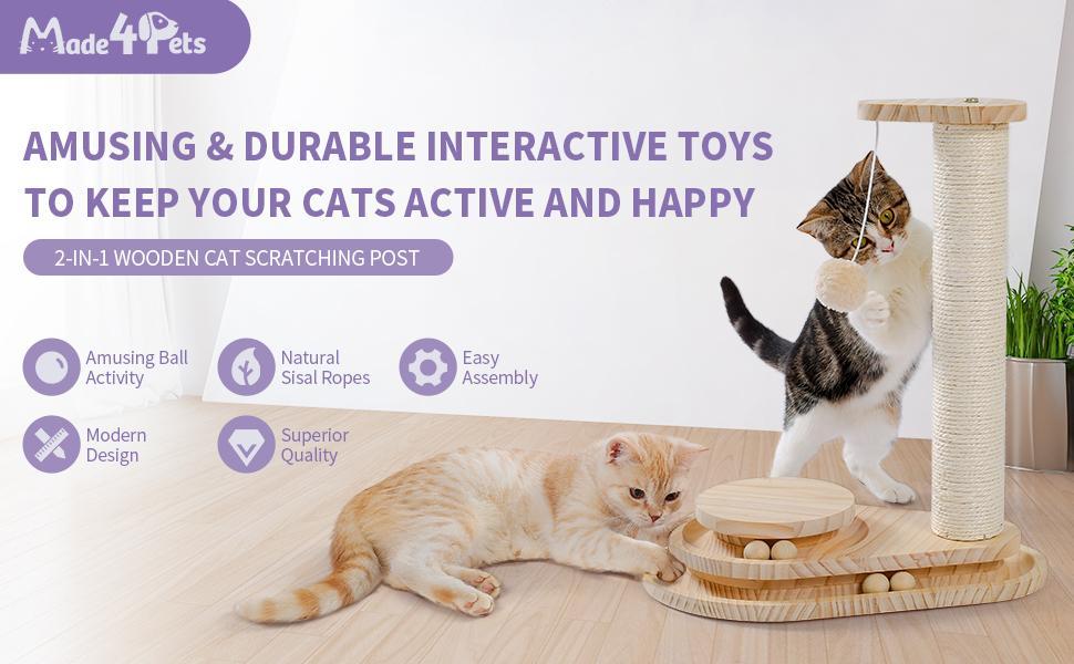 KFX-9115965 Indoor Multi-Activity Cat Playground with Scratch Post, Soft Groomer, and Ball Track
