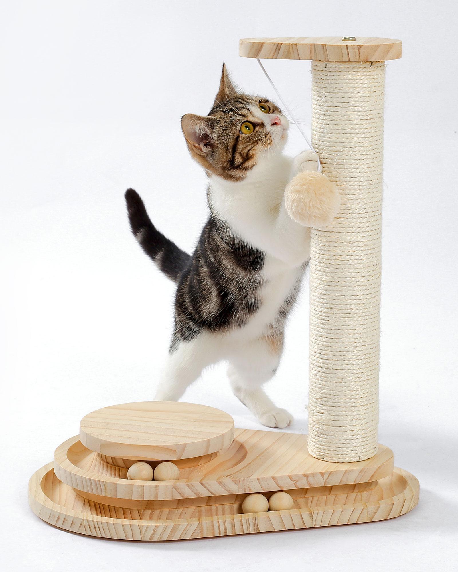 KFX-9115965 Indoor Multi-Activity Cat Playground with Scratch Post, Soft Groomer, and Ball Track