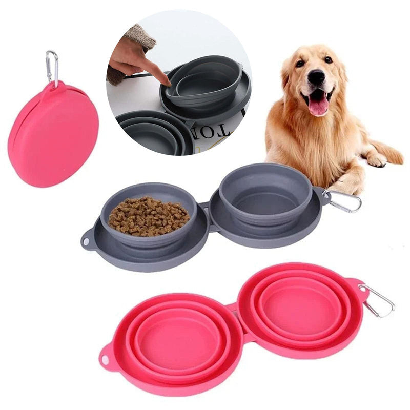 KFX-9116477 Foldable Double Bowl for Dogs and Cats - Portable Collapsible Silicone Feeding Bowl with No-Spill Mat