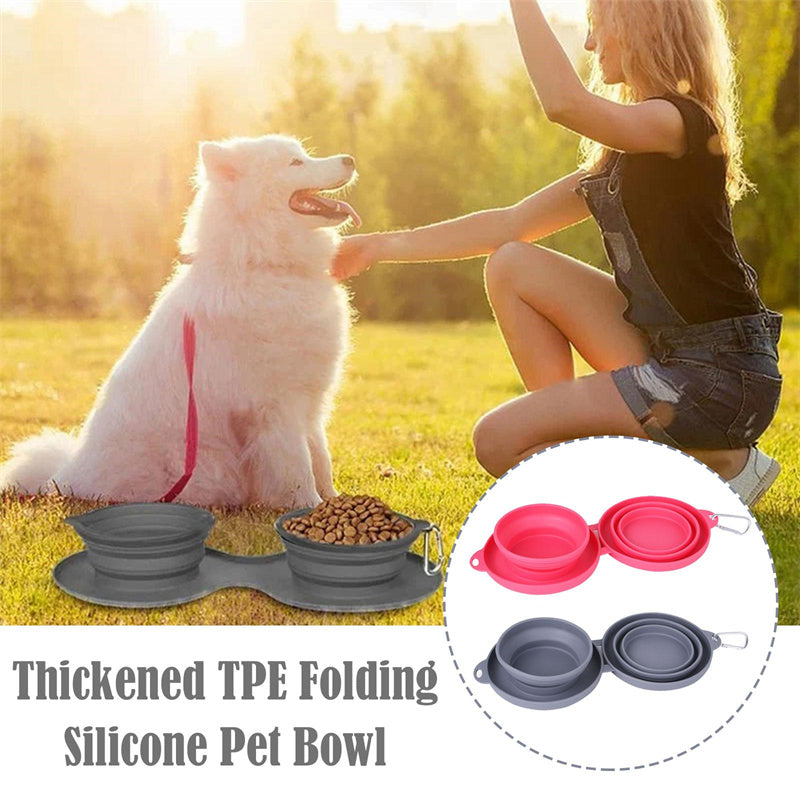 KFX-9116477 Foldable Double Bowl for Dogs and Cats - Portable Collapsible Silicone Feeding Bowl with No-Spill Mat