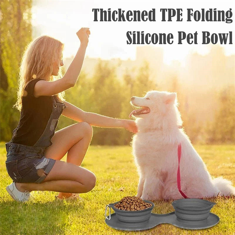 KFX-9116477 Foldable Double Bowl for Dogs and Cats - Portable Collapsible Silicone Feeding Bowl with No-Spill Mat