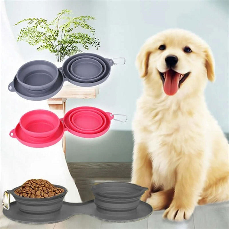 KFX-9116477 Foldable Double Bowl for Dogs and Cats - Portable Collapsible Silicone Feeding Bowl with No-Spill Mat